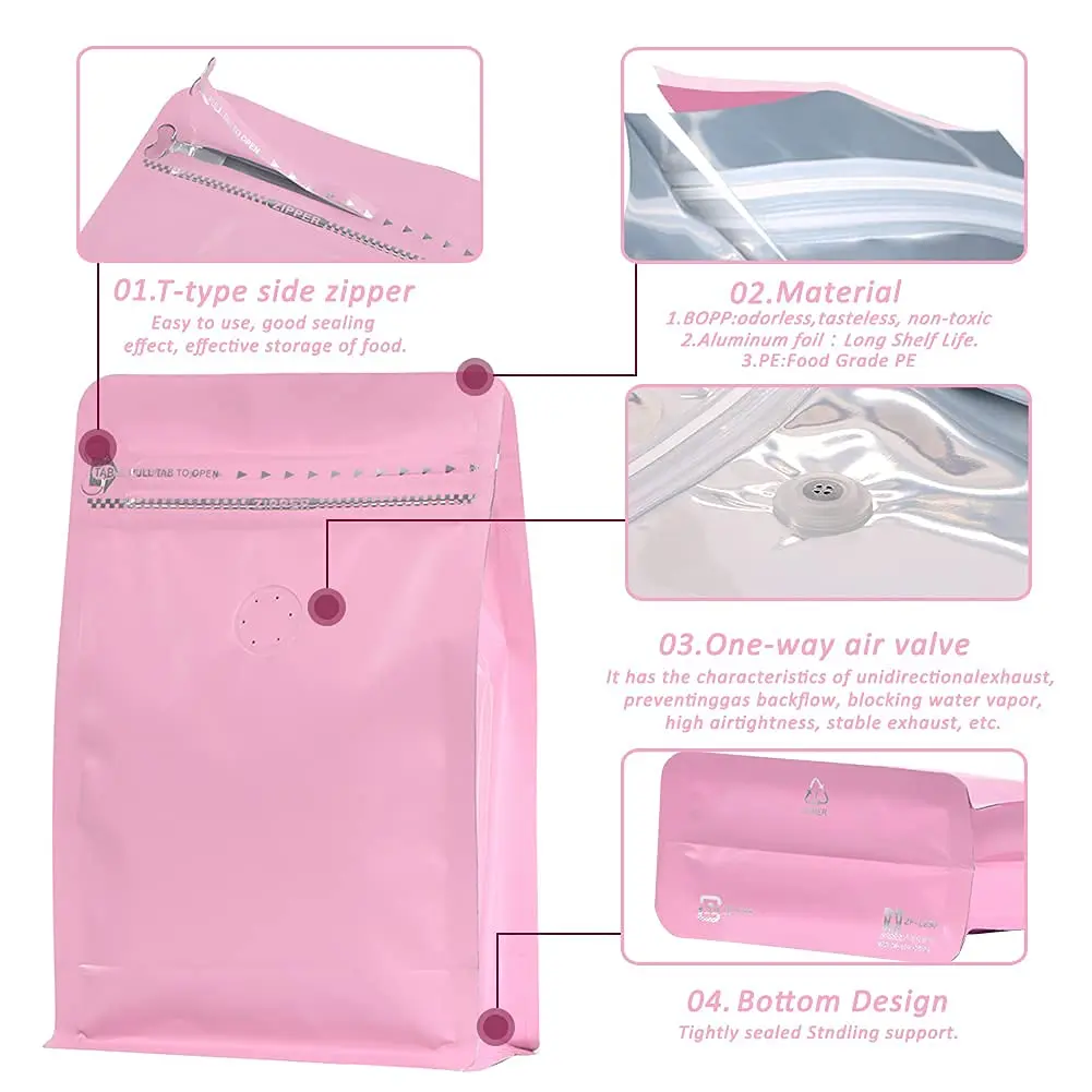 REMTAP Pink 8oz (227g) Coffee Bags with Valve & Zipper | 50 Count Flat Bottom Pouches - view 3