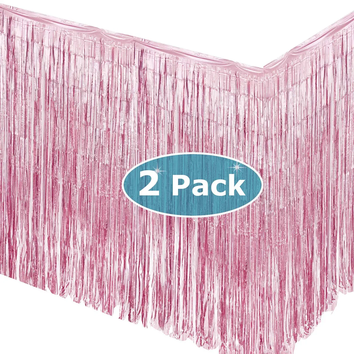 allgala Pink Tinsel Table Skirt 2-Pack 108x29 Inch (274x74 cm) | Metallic Foil Fringe for Parties - view 3