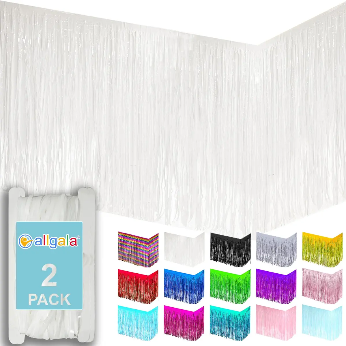 allgala White Tinsel Table Skirt 2-Pack 274 cm (108 Inch) x 74 cm (29 Inch) | Metallic Foil Fringe for Parties - main product image