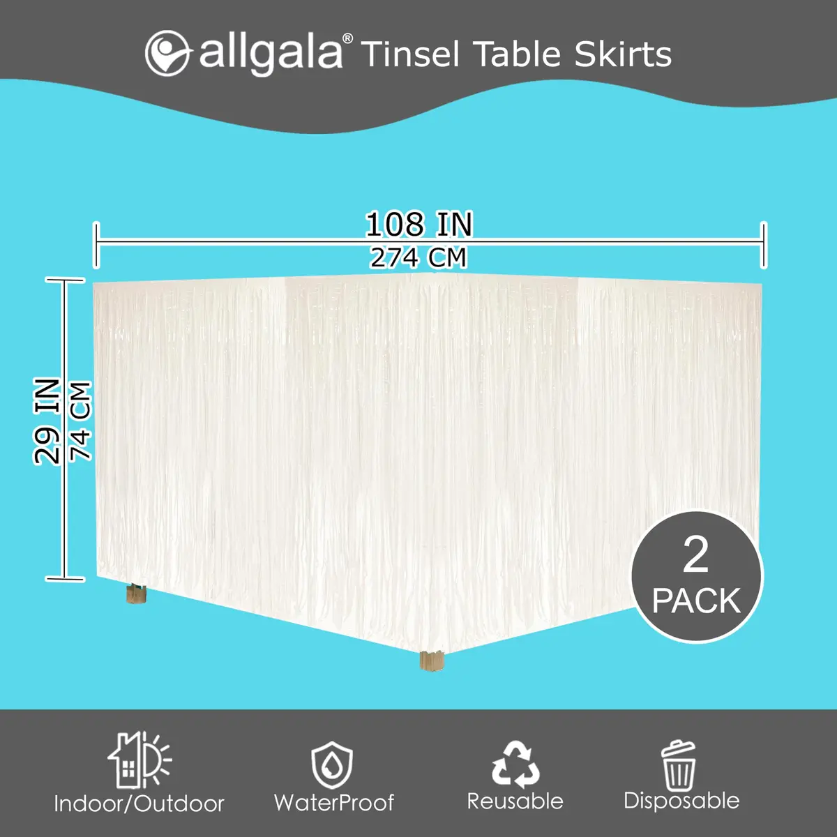 allgala White Tinsel Table Skirt 2-Pack 274 cm (108 Inch) x 74 cm (29 Inch) | Metallic Foil Fringe for Parties - view 3
