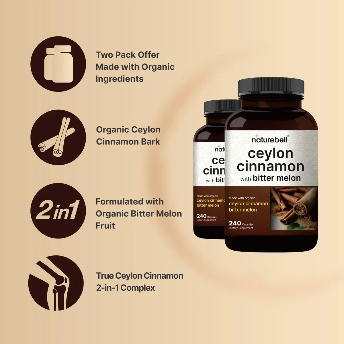 NatureBell 2 Pack Ceylon Cinnamon with Bitter Melon | Organic Sri Lanka & India Blend, 240 Capsules - view 3