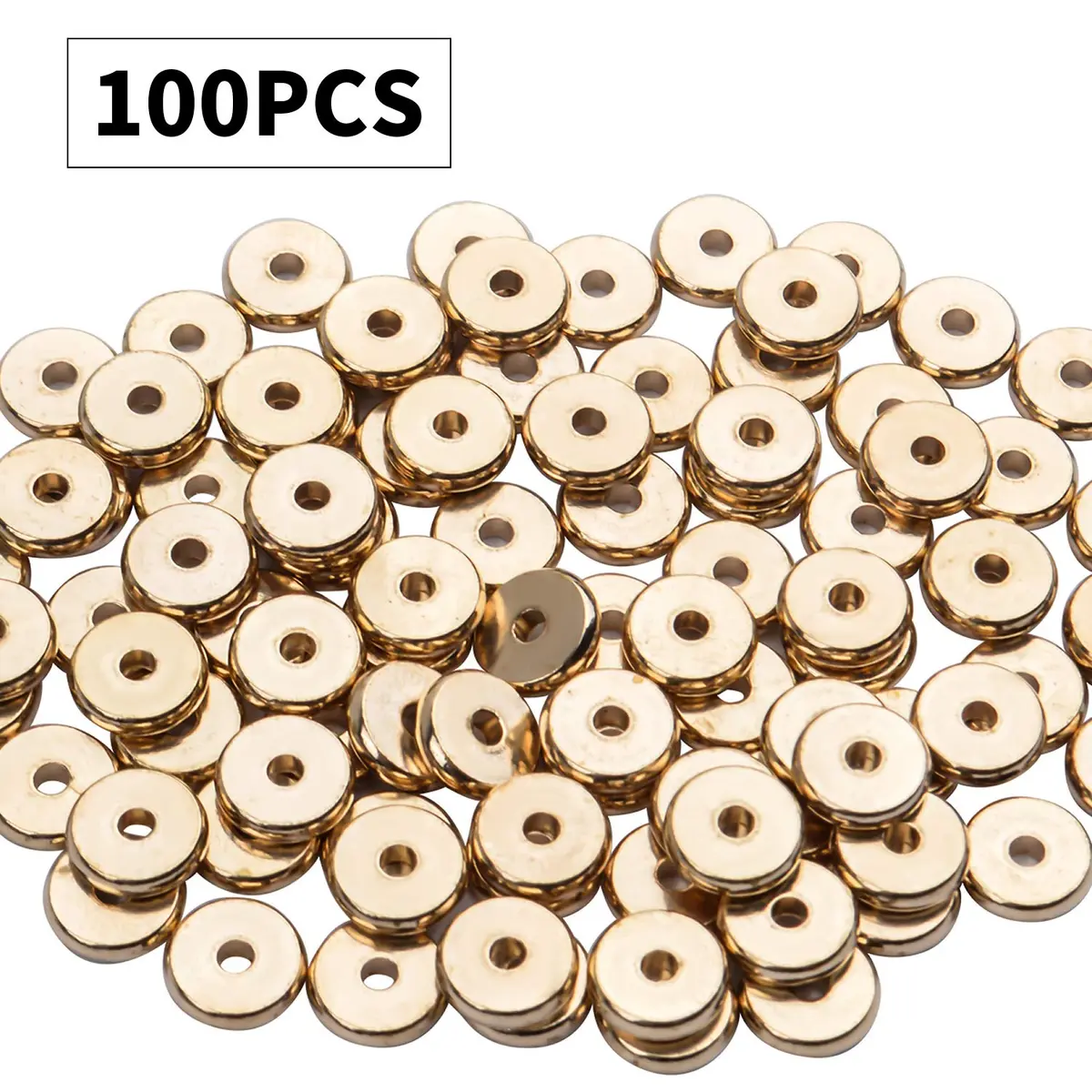 BronaGrand 8mm Flat Round Rondelle Spacer Beads Disc Spacers for DIY Bracelet Necklace Crafts, Gold (100pcs) - view 2