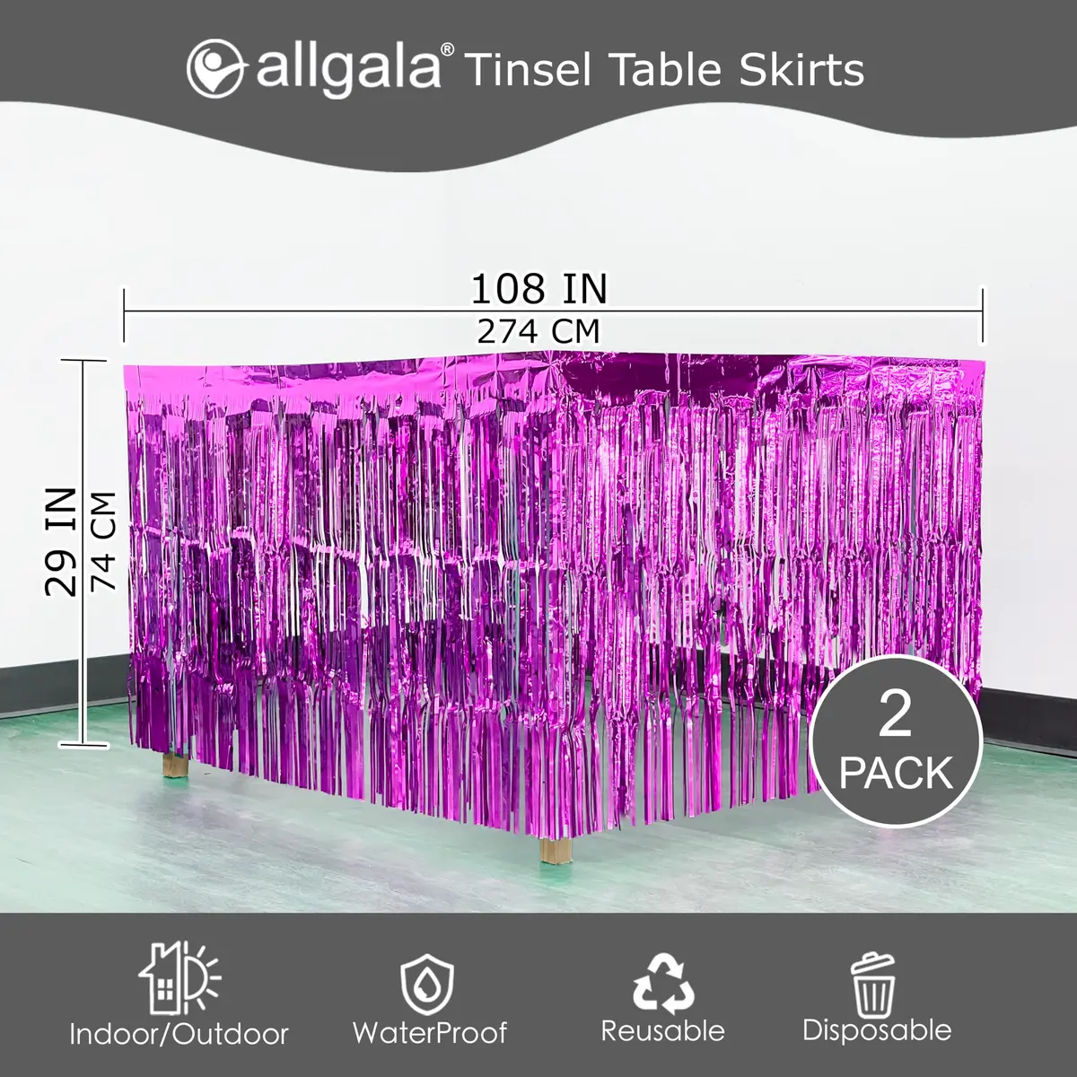 allgala Fuchsia Tinsel Table Skirt 2-Pack 216 Inch (549 cm) Length | Metallic Foil Fringe for Parties - view 3