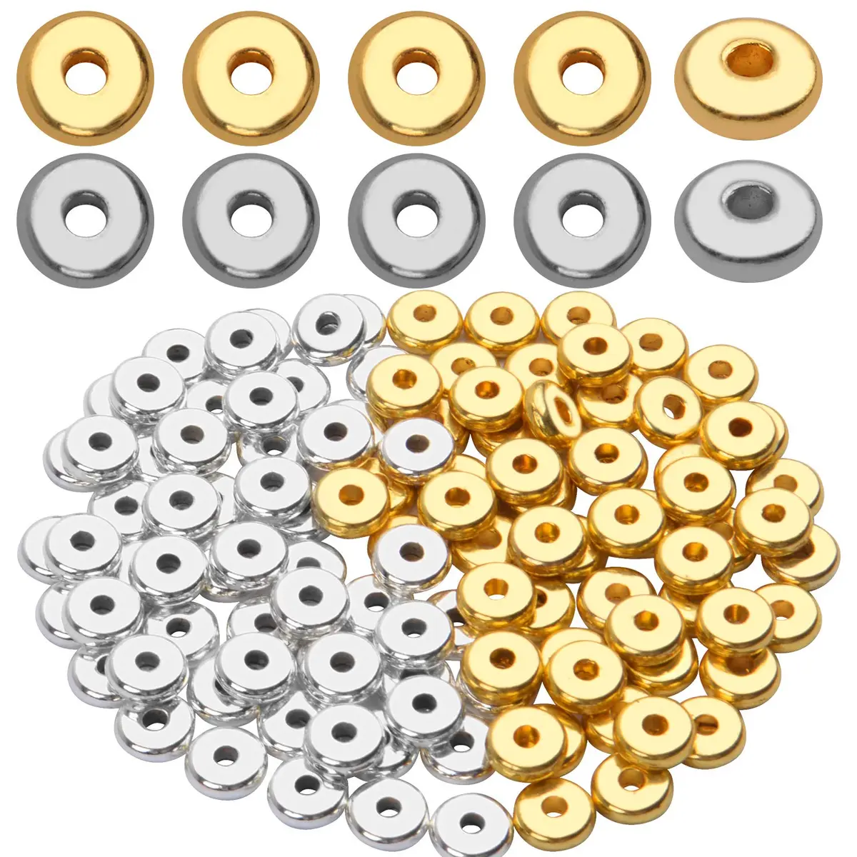 BronaGrand 200pcs 8mm Flat Round Rondelle Spacer Beads Disc Spacers | Gold & Silver - main product image
