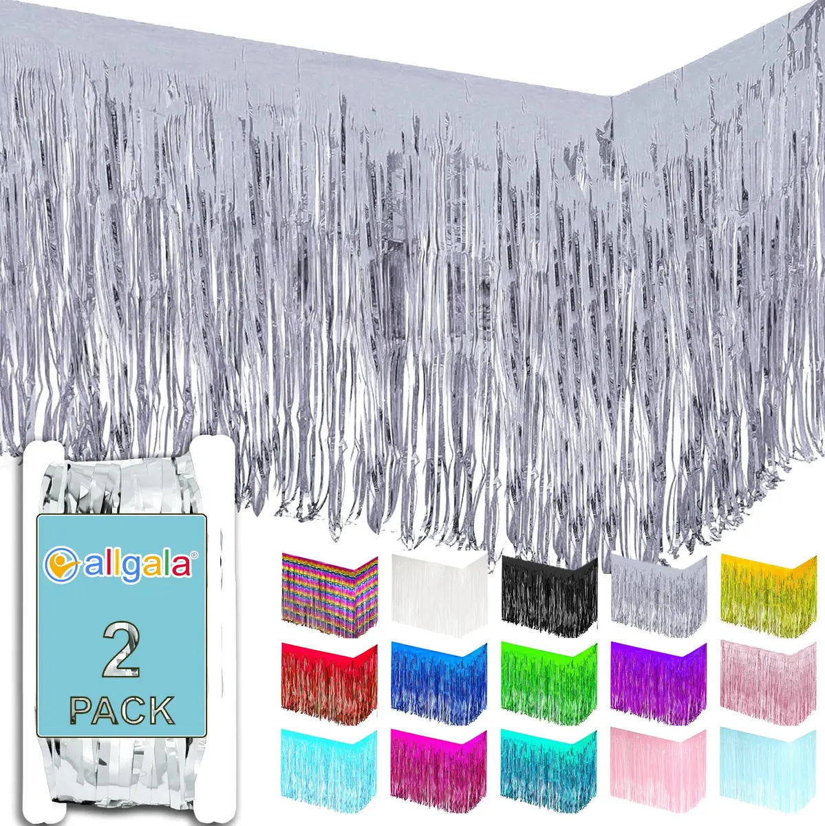 Allgala Silver Tinsel Table Skirt 2-Pack 29x108 Inch | Metallic Foil Fringe for Parties - main product image