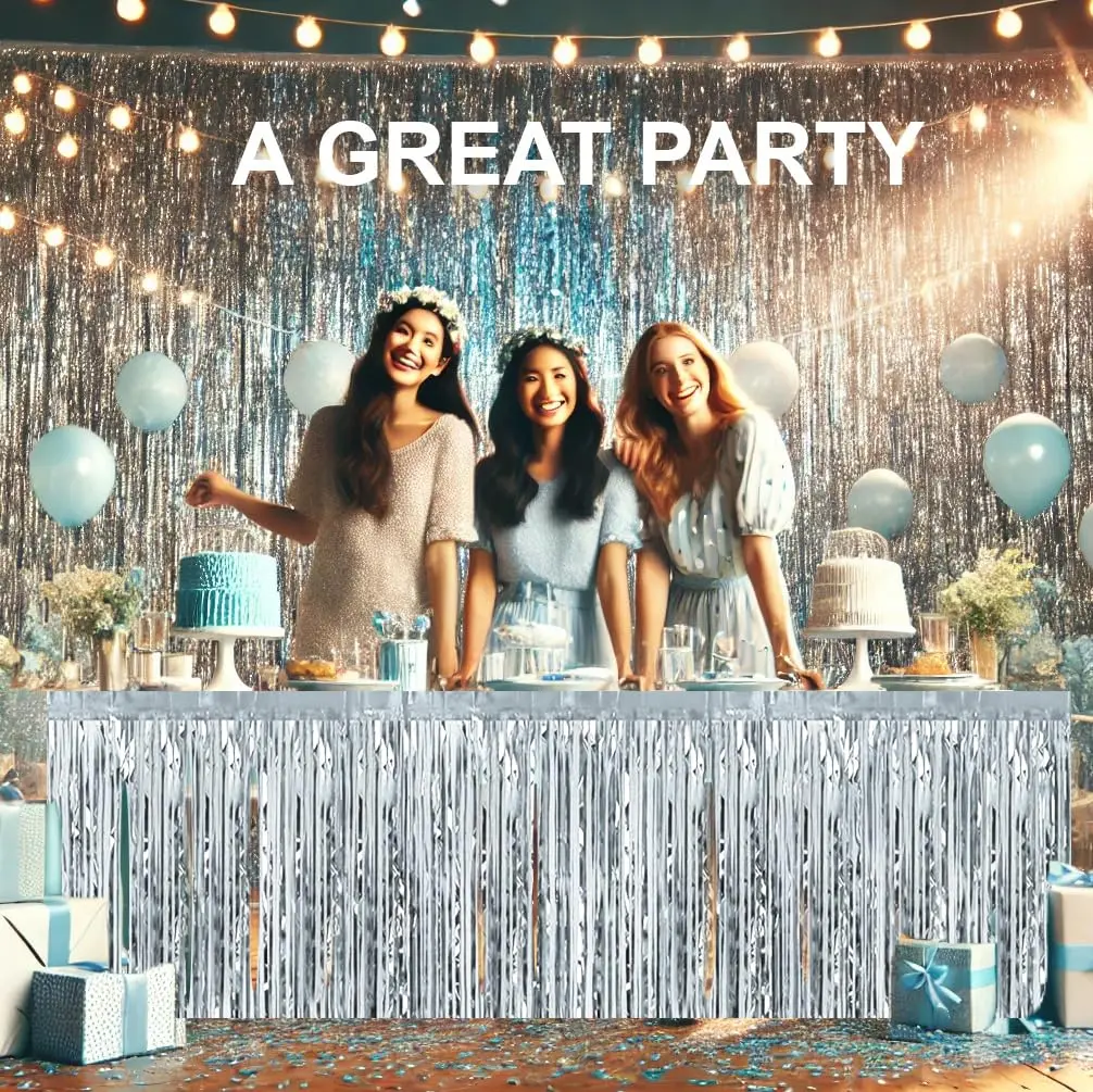 Allgala Silver Tinsel Table Skirt 2-Pack 29x108 Inch | Metallic Foil Fringe for Parties - view 5