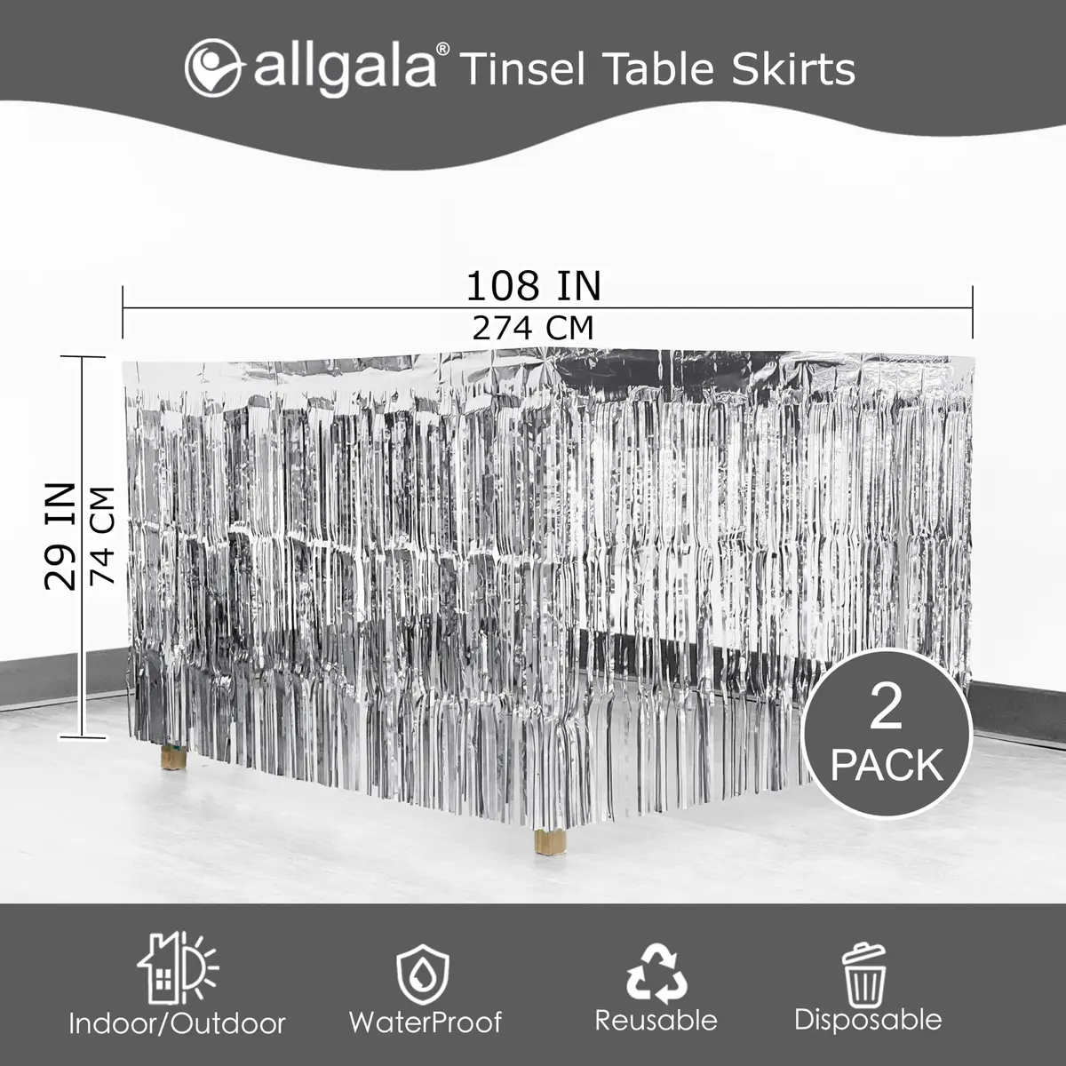 Allgala Silver Tinsel Table Skirt 2-Pack 29x108 Inch | Metallic Foil Fringe for Parties - view 3