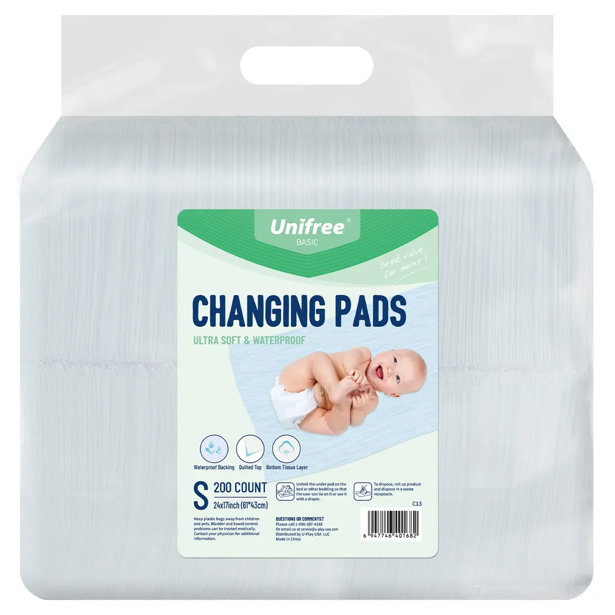 UNIFREE Disposable Changing Pads 17x24inch | Waterproof, Ultra Soft, 200 Count - main product image