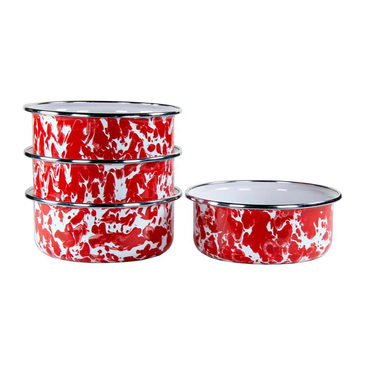 Golden Rabbit Enamelware Soup Bowls with Lids 14oz | Vibrant Red Swirl, Set of 4 - main product image