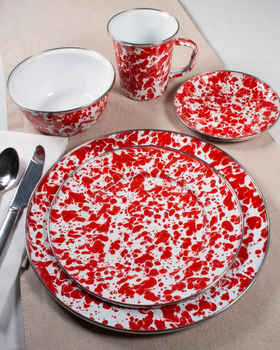 Golden Rabbit Enamelware Soup Bowls with Lids 14oz | Vibrant Red Swirl, Set of 4 - view 4