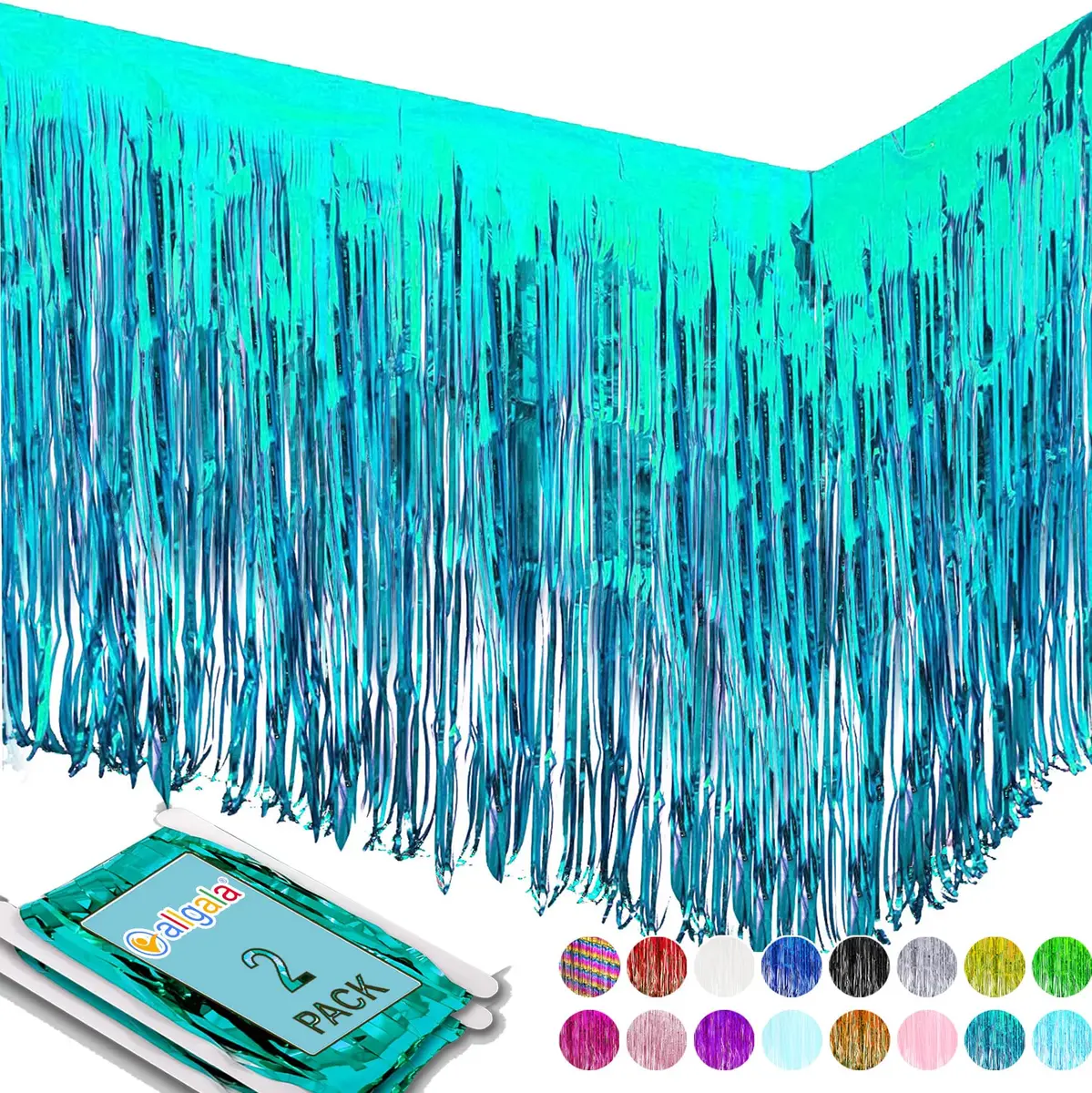 Allgala Turquoise Metallic Foil Fringe Tinsel Table Skirt 2-Pack 216 Inch (18 Ft) Total Length | Party & Event Decor - main product image