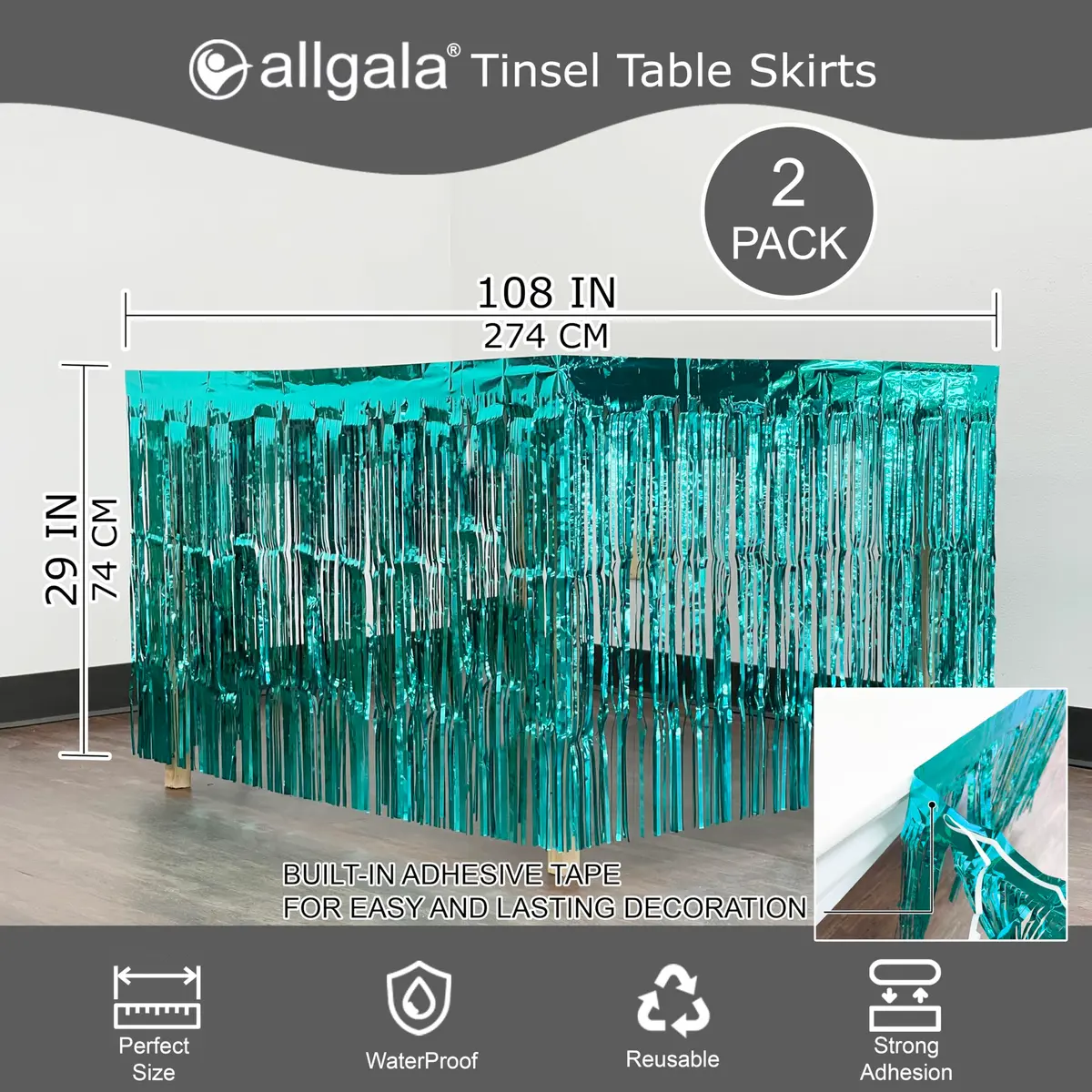 Allgala Turquoise Metallic Foil Fringe Tinsel Table Skirt 2-Pack 216 Inch (18 Ft) Total Length | Party & Event Decor - view 2