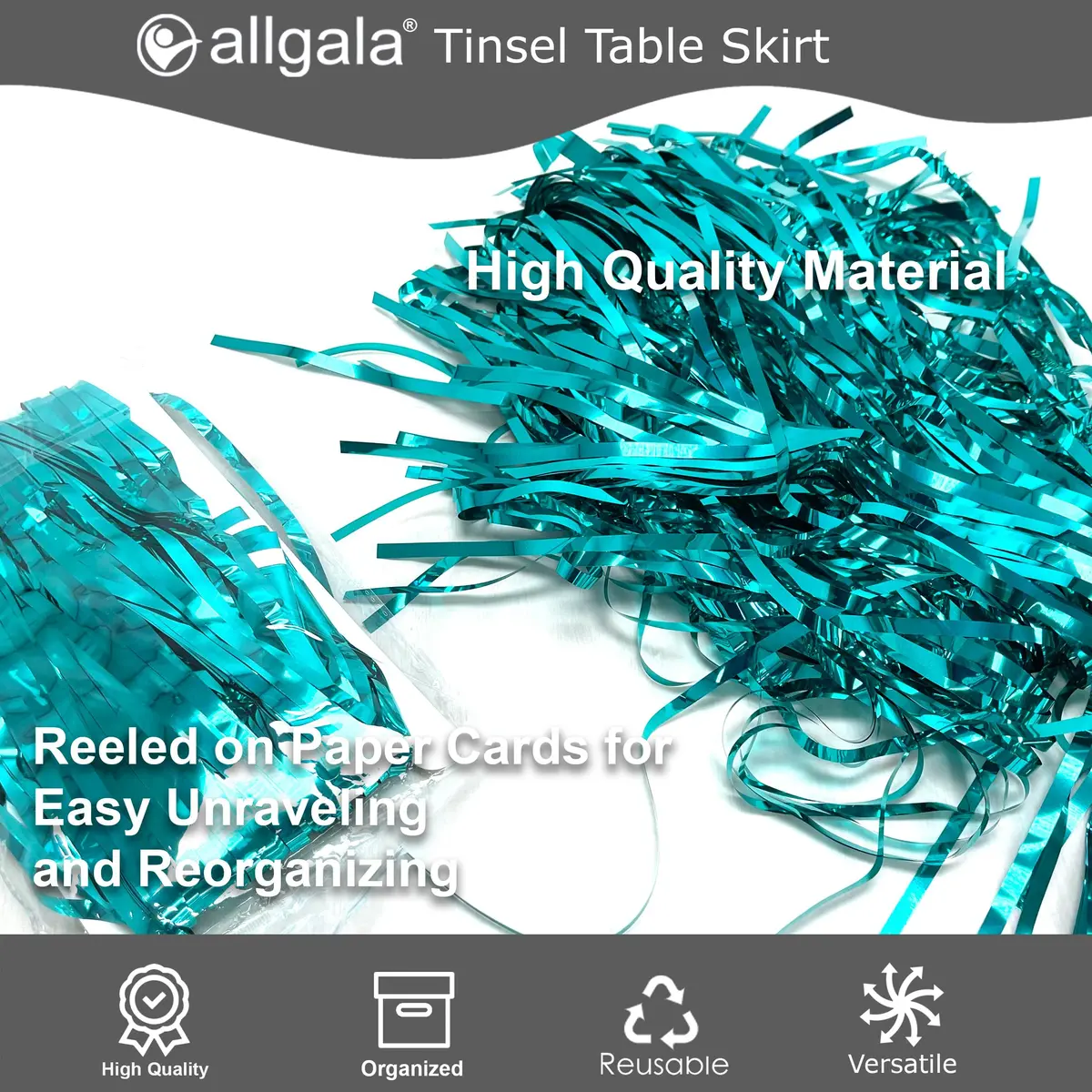 Allgala Turquoise Metallic Foil Fringe Tinsel Table Skirt 2-Pack 216 Inch (18 Ft) Total Length | Party & Event Decor - view 3