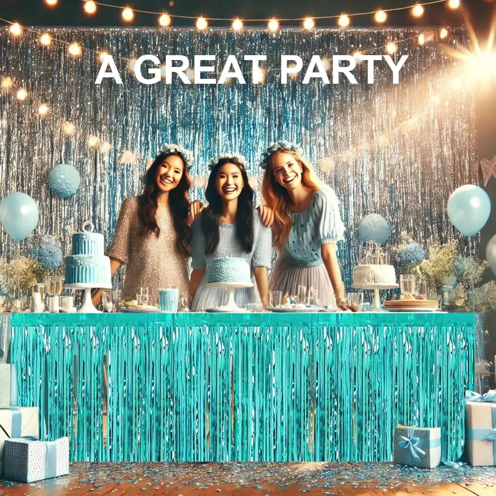 Allgala Turquoise Metallic Foil Fringe Tinsel Table Skirt 2-Pack 216 Inch (18 Ft) Total Length | Party & Event Decor - view 4
