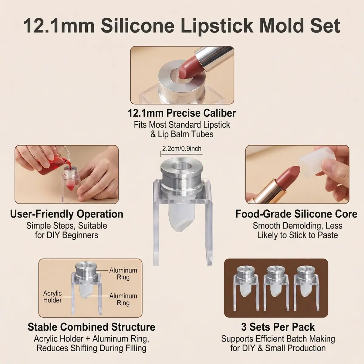 SYBL Lipstick Mold Set 12.1mm | Reusable Silicone DIY Lip Balm & Lipstick Maker - view 5