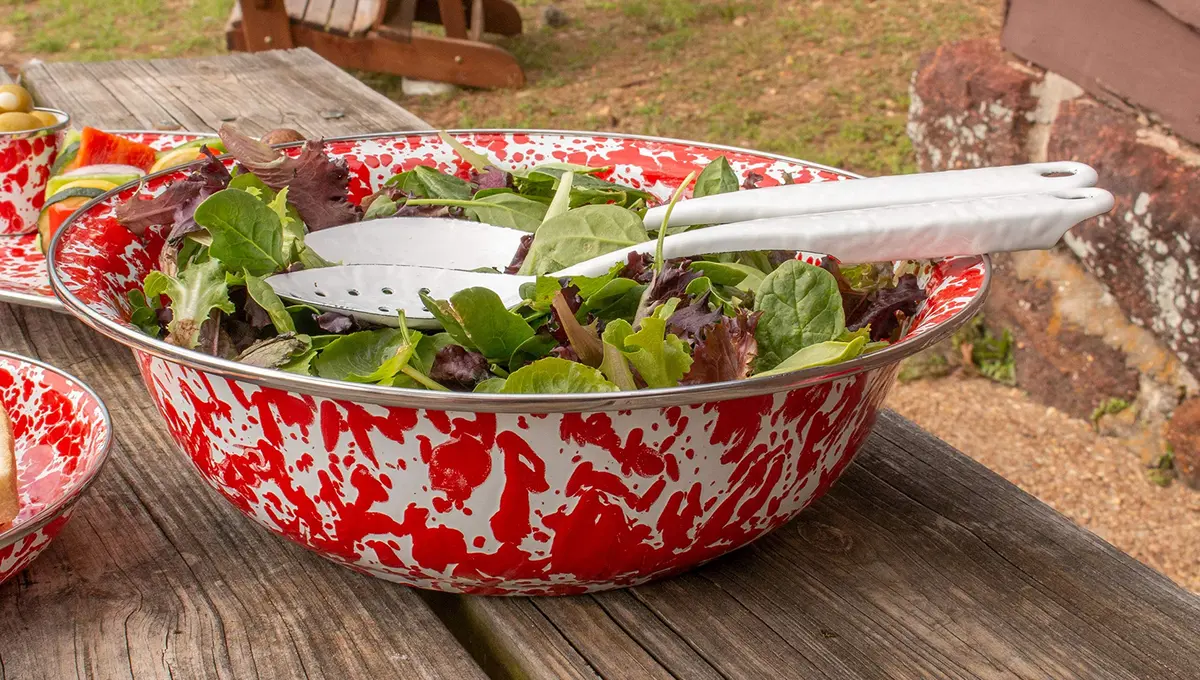 Golden Rabbit Red Swirl Enamelware Salad Bowls Set of 4 (946ml / 24oz) | Handcrafted Indonesian Quality - view 3