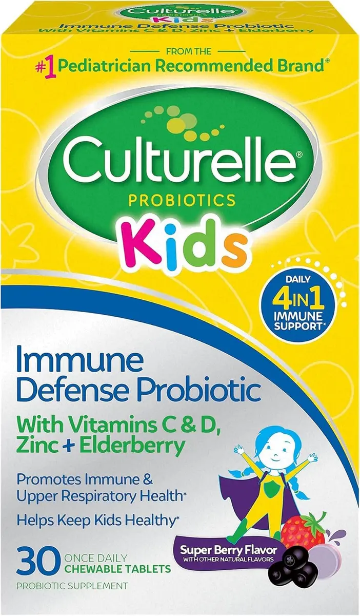 Culturelle Kids Daily Immune Defense Probiotic Chewables Ages 3+ 30 Count | 5 Billion CFU Probiotic, Vitamins C & D, Zinc, Elderberry - main product image
