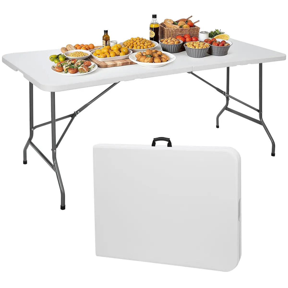 ZenStyle 6 ft Indoor Outdoor Heavy Duty Plastic Folding Table | Portable Picnic Table with Steel Legs, Fold-in-Half, White - main product image