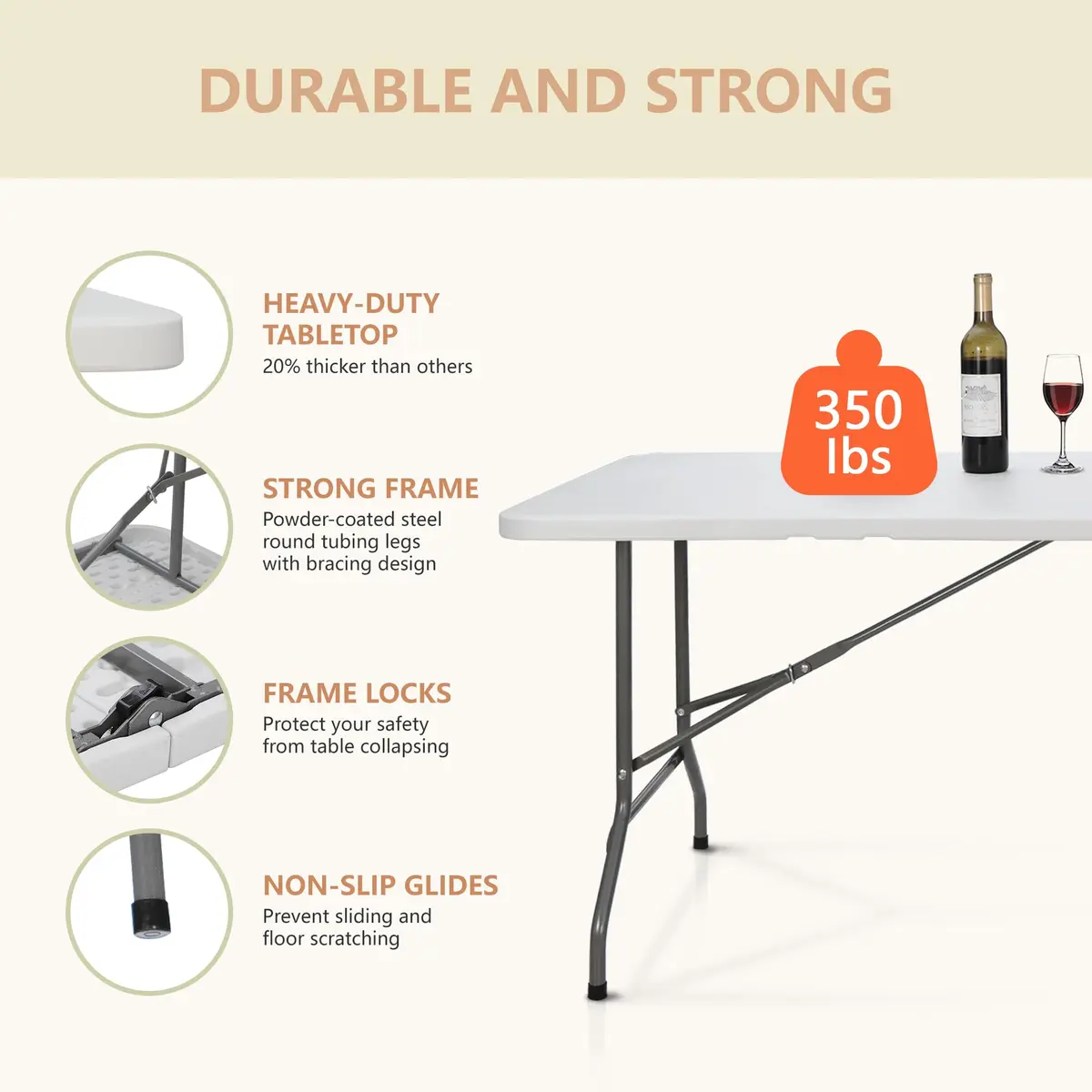 ZenStyle 6 ft Indoor Outdoor Heavy Duty Plastic Folding Table | Portable Picnic Table with Steel Legs, Fold-in-Half, White - view 5