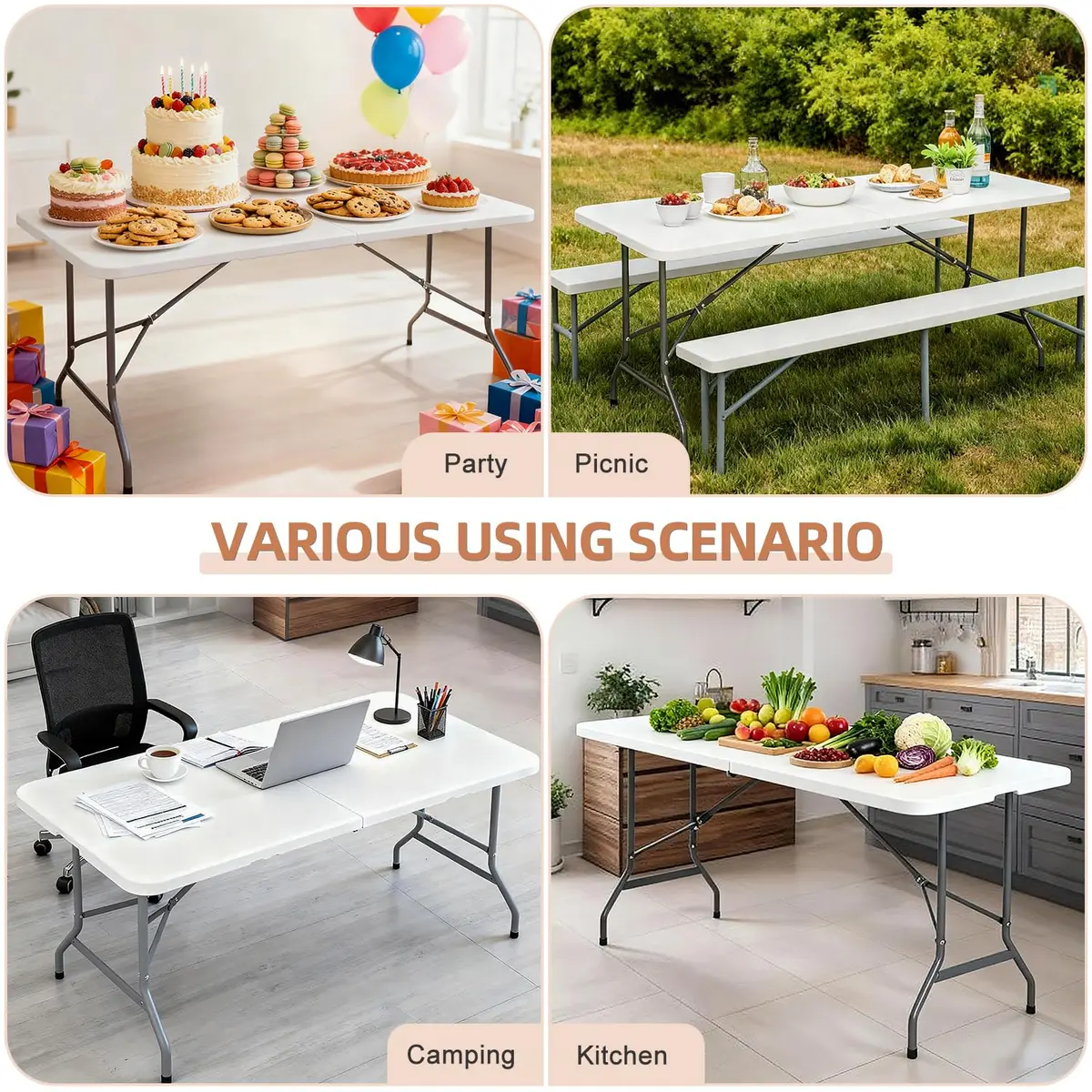 ZenStyle 6 ft Indoor Outdoor Heavy Duty Plastic Folding Table | Portable Picnic Table with Steel Legs, Fold-in-Half, White - view 2