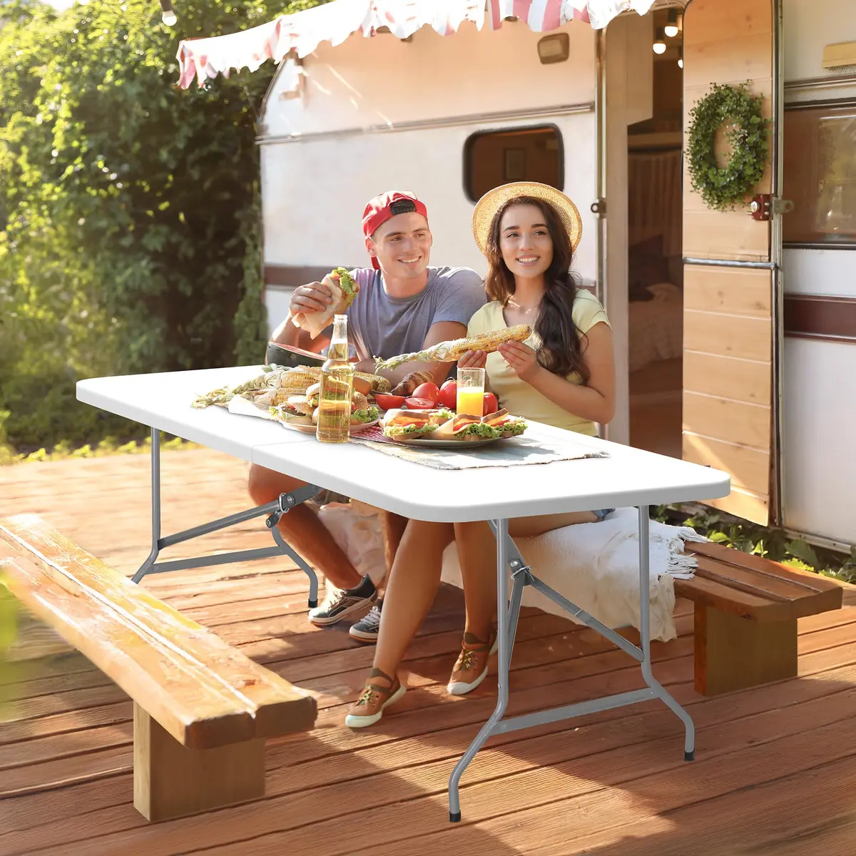 ZenStyle 6 ft Indoor Outdoor Heavy Duty Plastic Folding Table | Portable Picnic Table with Steel Legs, Fold-in-Half, White - view 3