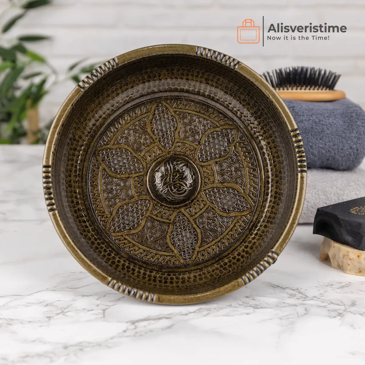 Alisveristime Turkish Hammam Bowl 20 cm (7.87 in) Antique Green | Authentic Zamac Bath Accessory - view 5