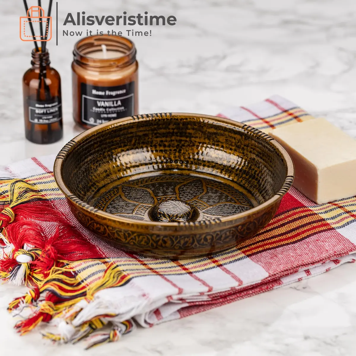 Alisveristime Turkish Hammam Bowl 20 cm (7.87 in) Antique Green | Authentic Zamac Bath Accessory - view 2