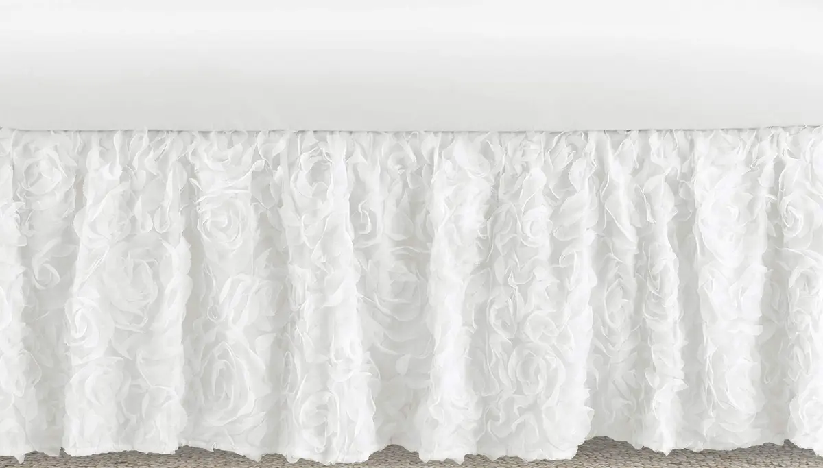 Sweet Jojo Designs White Floral Rose Crib Bed Skirt 38cm (15in) Drop | Elegant Princess Boho Shabby Chic Nursery Decor - main product image