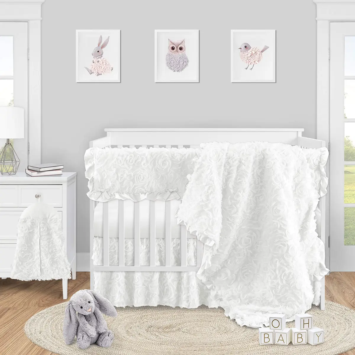 Sweet Jojo Designs White Floral Rose Crib Bed Skirt 38cm (15in) Drop | Elegant Princess Boho Shabby Chic Nursery Decor - view 2