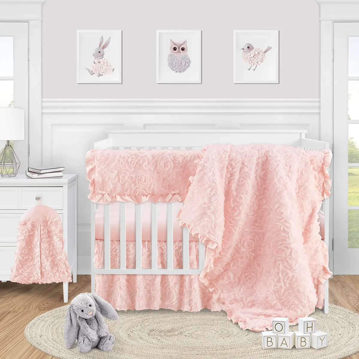 Sweet Jojo Designs Pink Floral Rose Crib Bed Skirt Dust Ruffle 38cm (15in) Drop | Shabby Chic Baby Nursery Decor - view 2