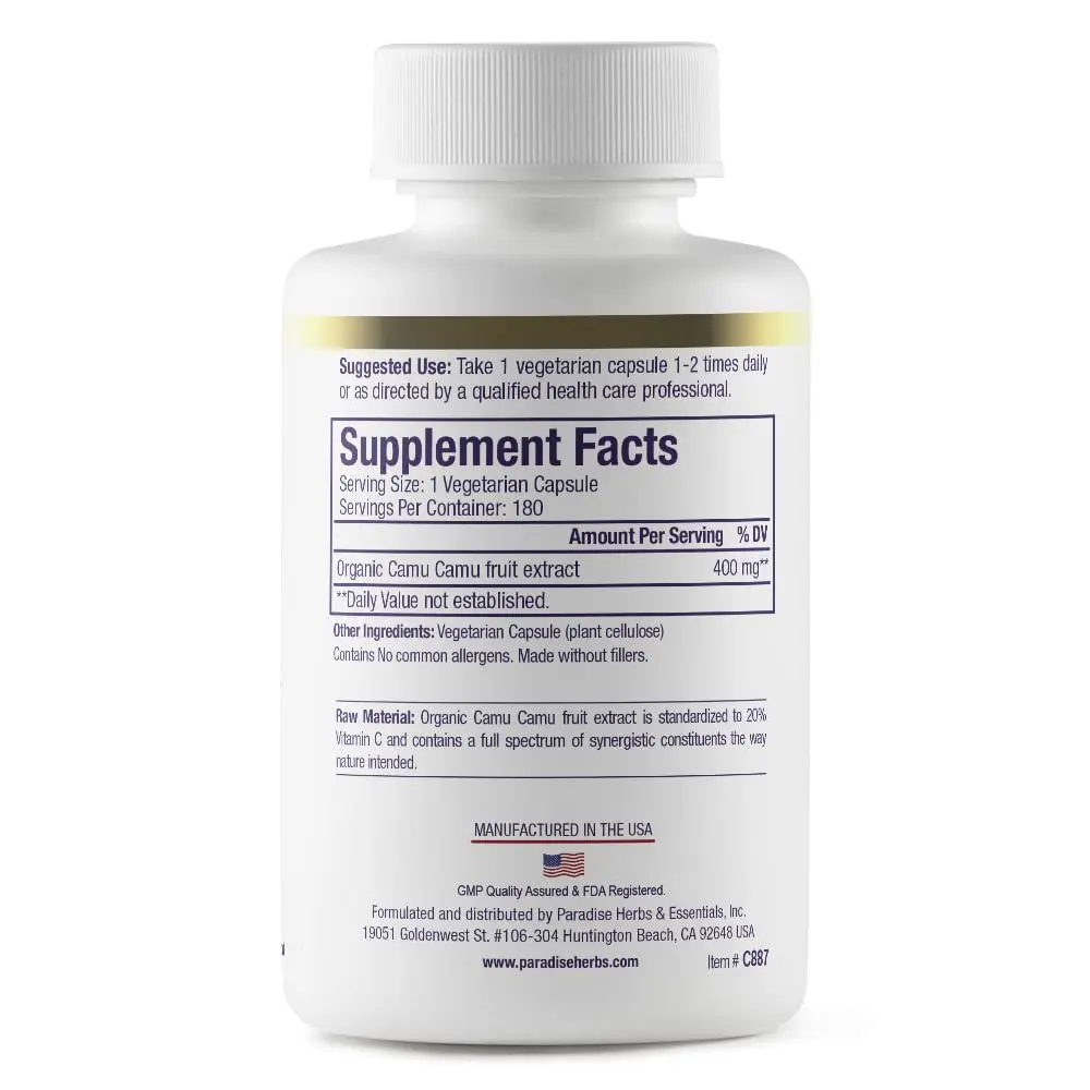 Paradise Herbs & Essentials Organic Camu Camu Extract 400 mg 180 Caps | Supports Immune & Antioxidant Health - view 2