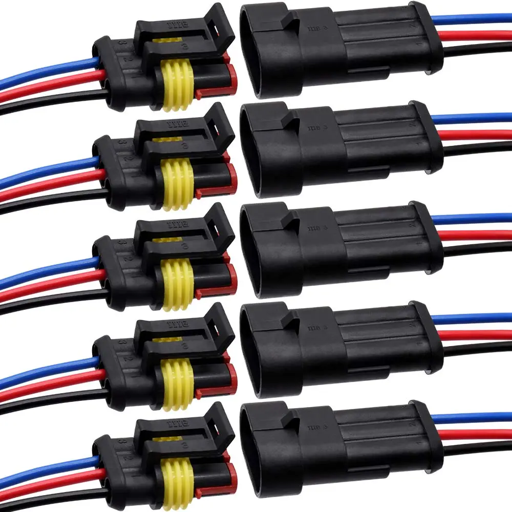 G 3 Pin Waterproof Connector 16AWG Electrical Male Female Wire Plugs (5 Sets, Black) | IP67 Rated for Automotive & Marine Wiring - main product image