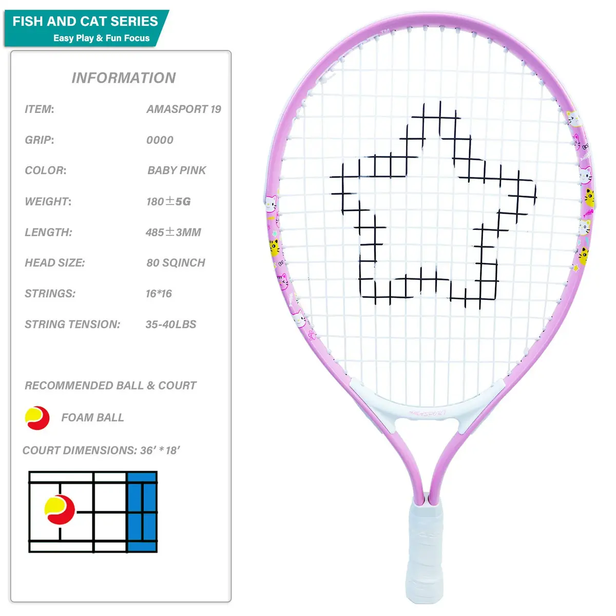 AMA SPORT 19 inch Kids Tennis Racket | Aluminum Frame, 80 sq in Head Size, 4 inch Grip - view 2