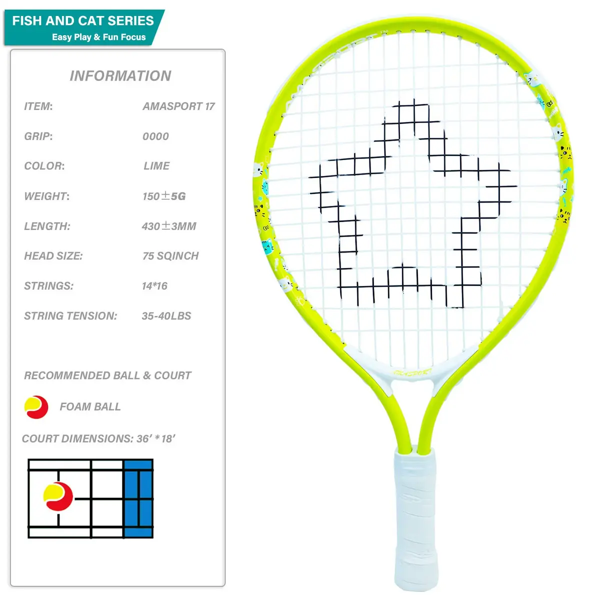 AMA SPORT 17" Junior Tennis Racket with Bag | Lightweight Aluminum Frame for Toddlers - view 2