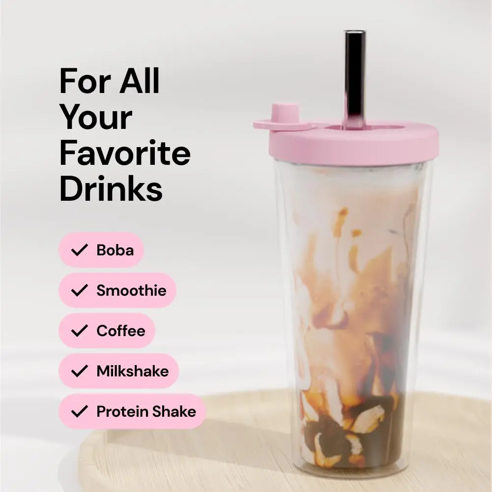 Dodoko Reusable Boba Cup and Straw 17 oz Bubble Pink | Insulated, Leakproof & Eco-Friendly (120 chars) - view 6