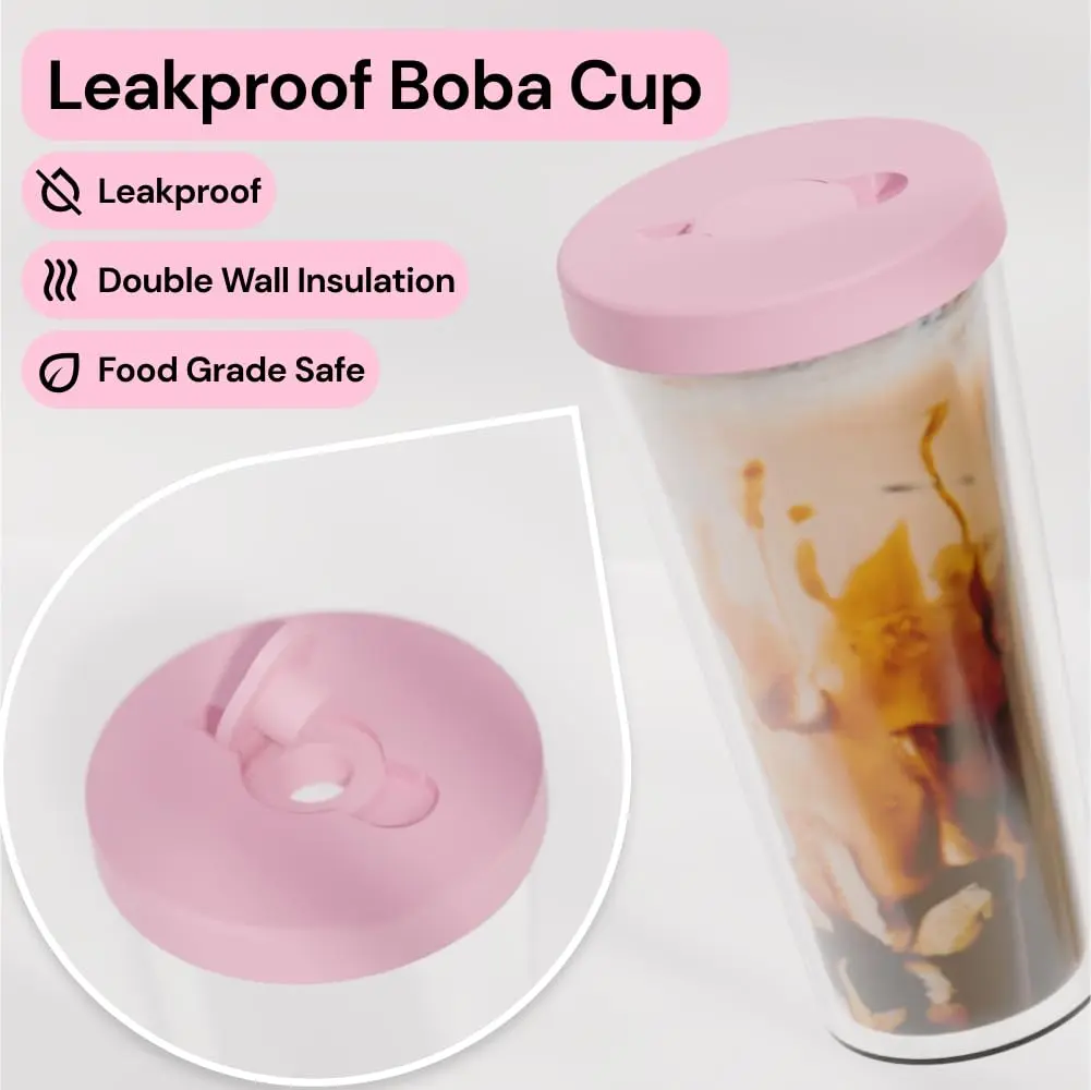 Dodoko Reusable Boba Cup and Straw 17 oz Bubble Pink | Insulated, Leakproof & Eco-Friendly (120 chars) - view 2
