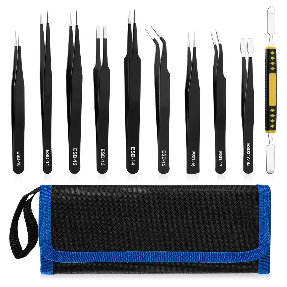 UUBAAR Precision Tweezers Set, ESD Stainless Steel for Electronics Repair | Anti-static, Non-magnetic, 10-piece - main product image