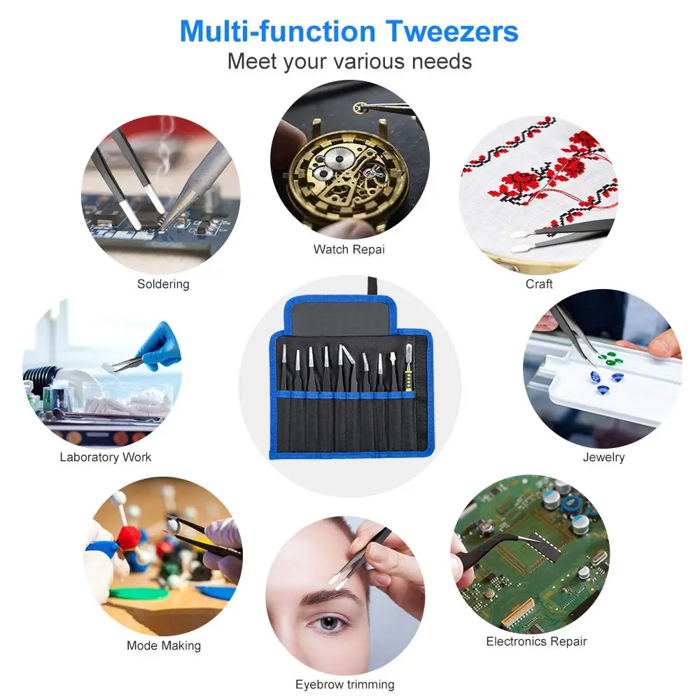 UUBAAR Precision Tweezers Set, ESD Stainless Steel for Electronics Repair | Anti-static, Non-magnetic, 10-piece - view 5