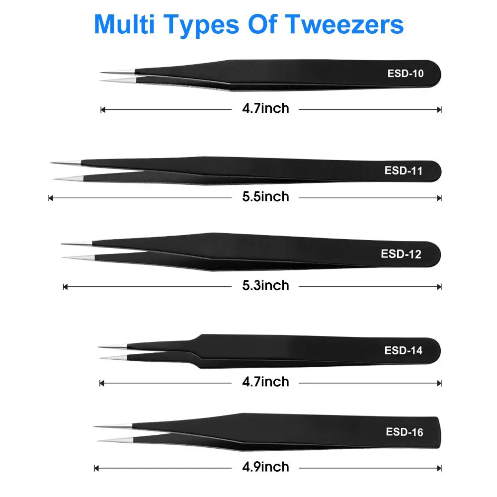 UUBAAR Precision Tweezers Set, ESD Stainless Steel for Electronics Repair | Anti-static, Non-magnetic, 10-piece - view 2