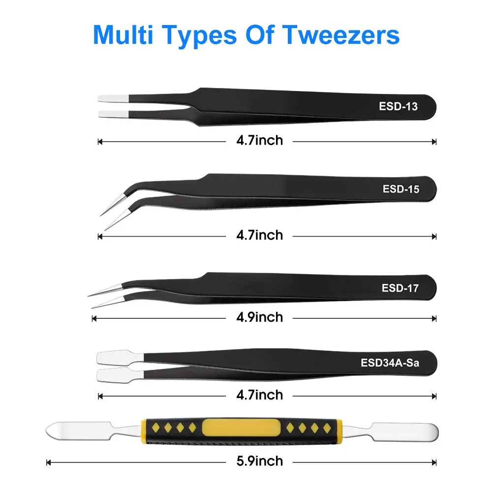 UUBAAR Precision Tweezers Set, ESD Stainless Steel for Electronics Repair | Anti-static, Non-magnetic, 10-piece - view 3