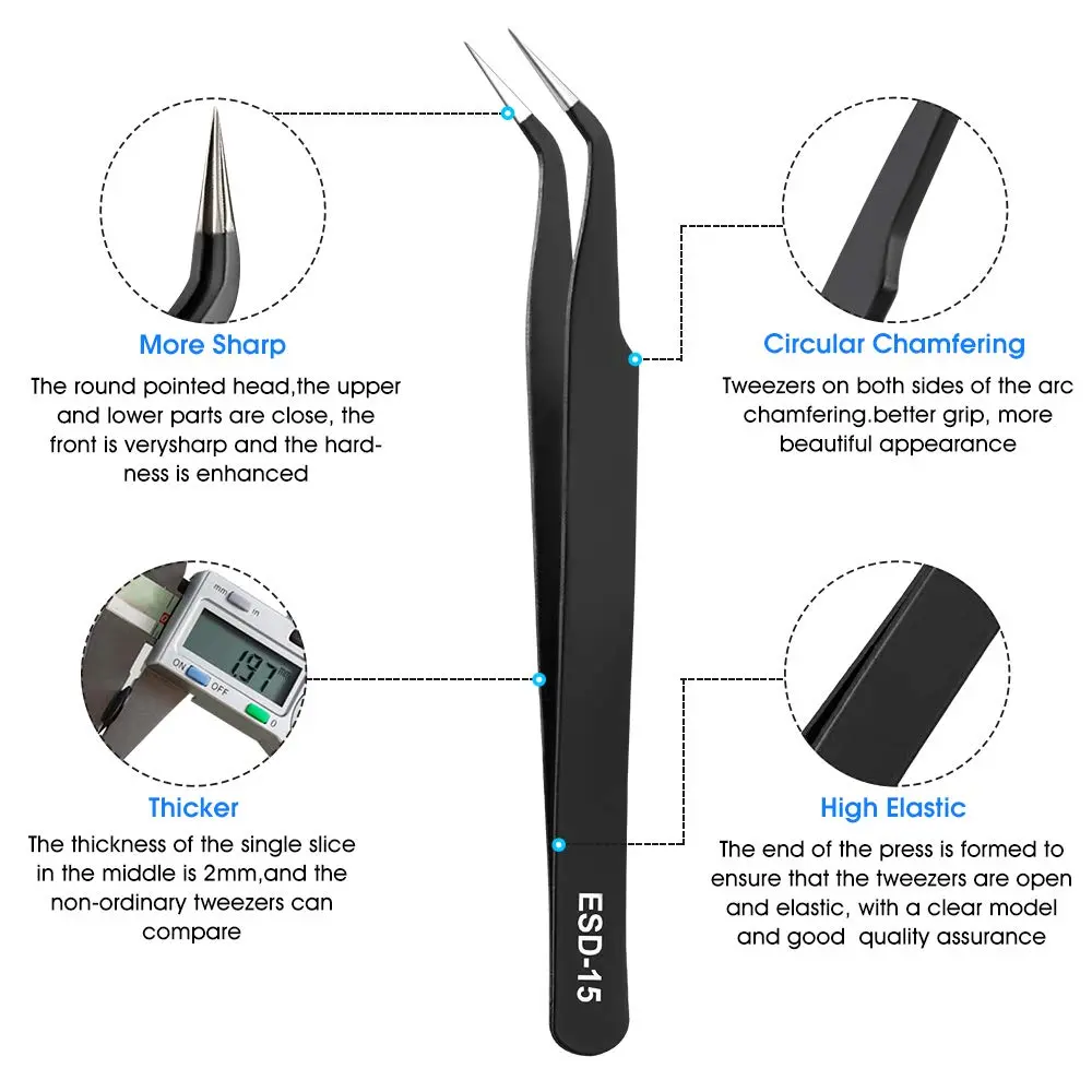 UUBAAR Precision Tweezers Set, ESD Stainless Steel for Electronics Repair | Anti-static, Non-magnetic, 10-piece - view 4