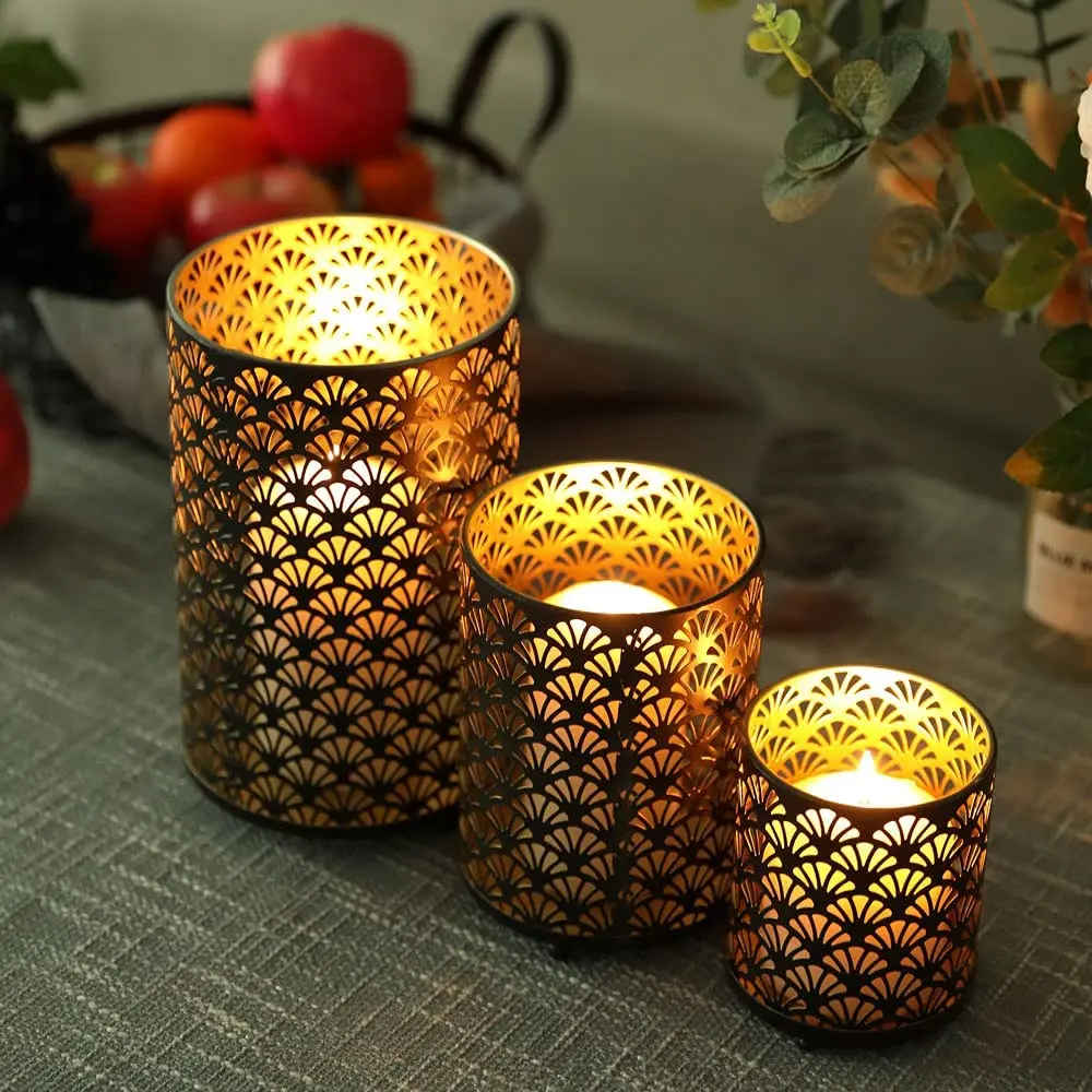JHY DESIGN Set of 3 Metal Candle Holders Bronze Hurricane Pillar Candlestick Vintage Table Decor - view 5