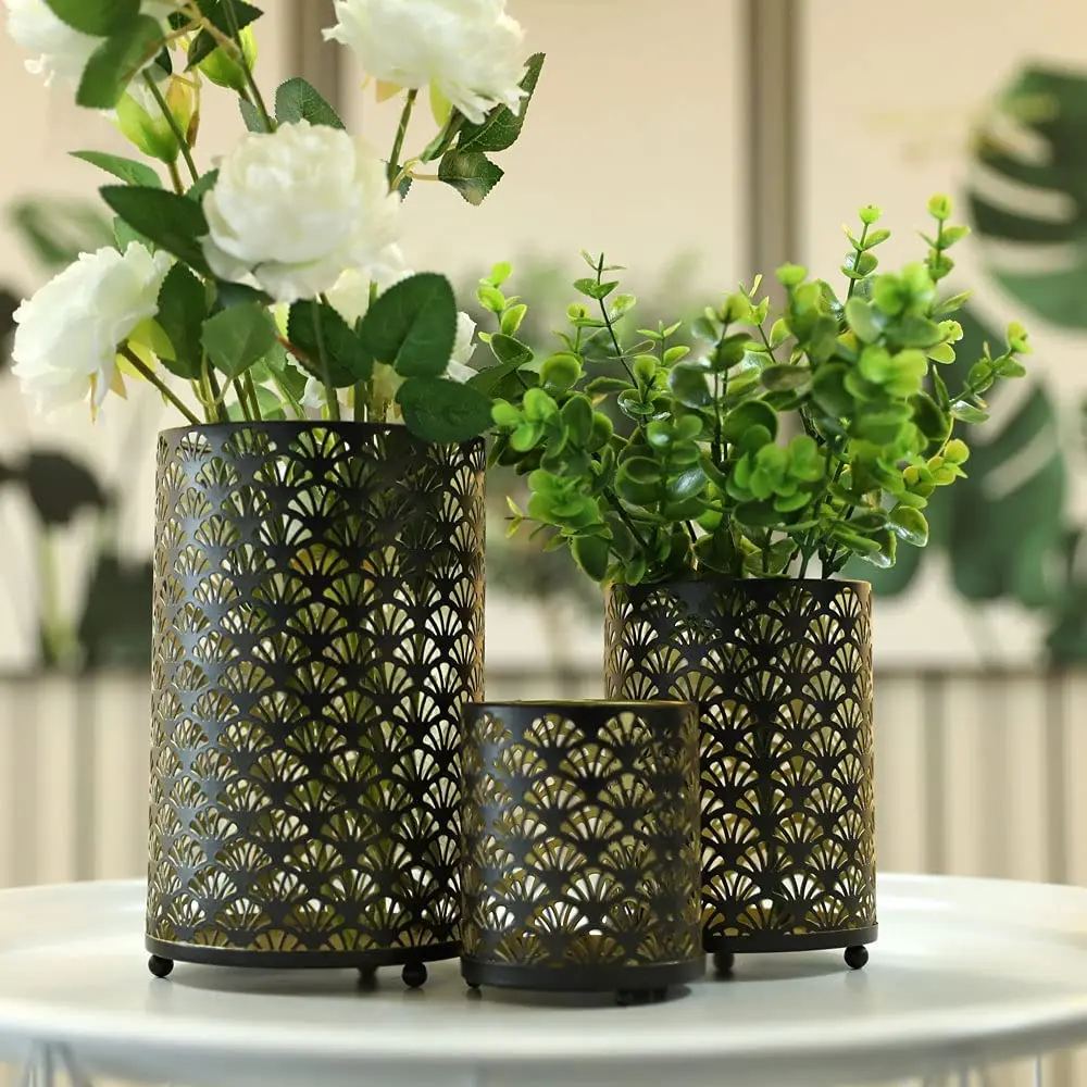 JHY DESIGN Set of 3 Metal Candle Holders Bronze Hurricane Pillar Candlestick Vintage Table Decor - view 6