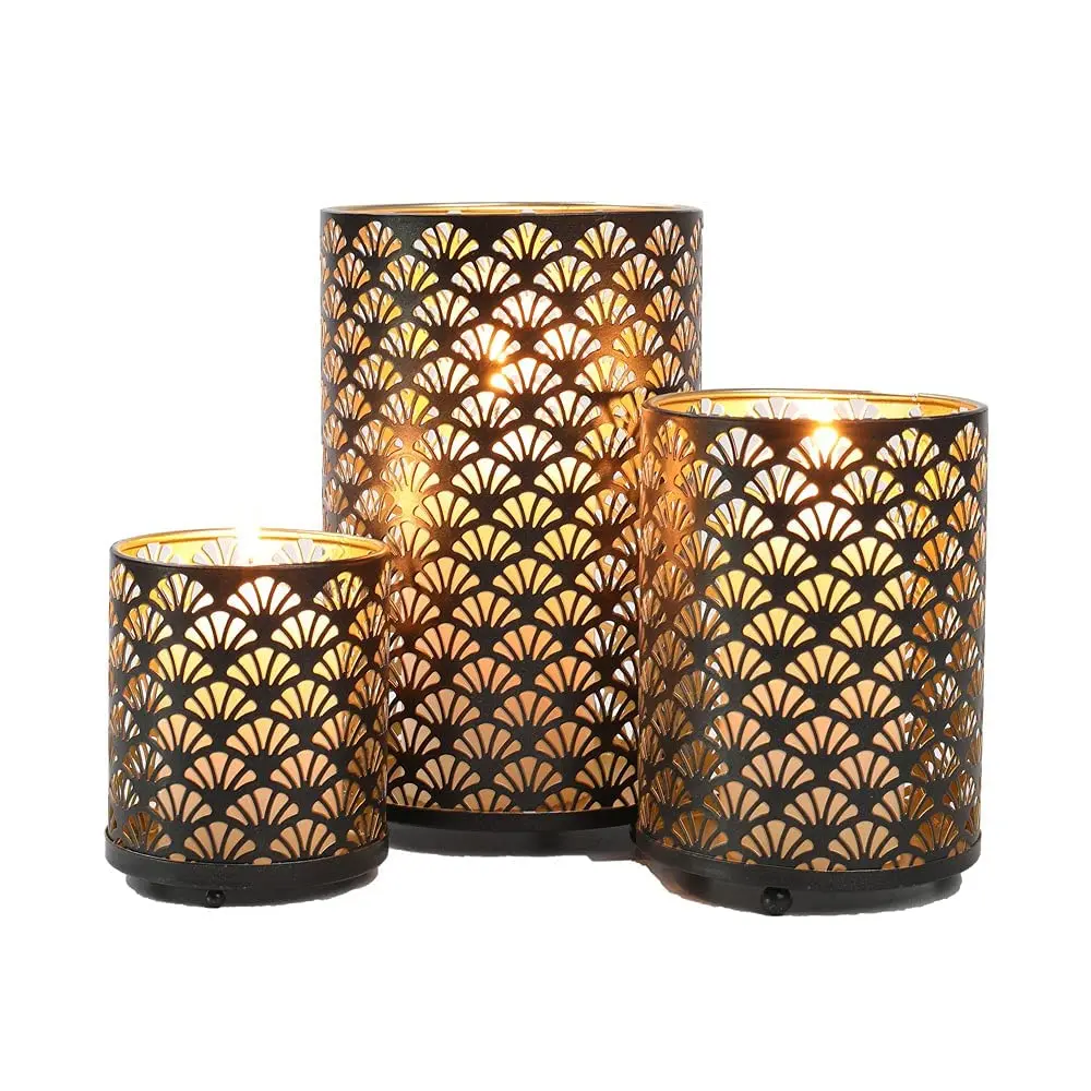 JHY DESIGN Set of 3 Metal Candle Holders Bronze Hurricane Pillar Candlestick Vintage Table Decor - view 2