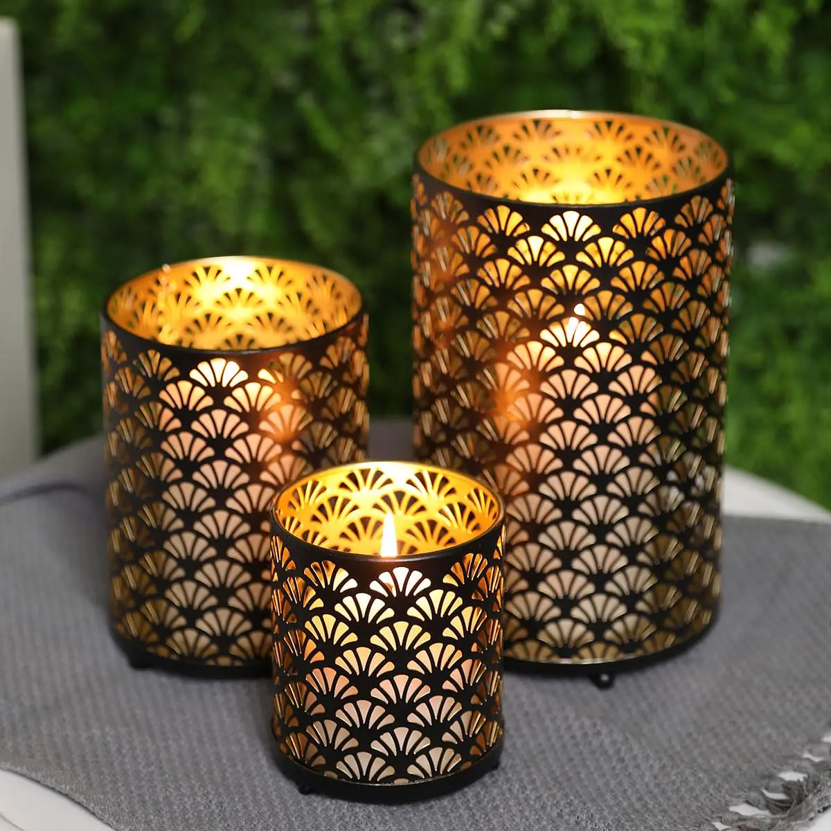 JHY DESIGN Set of 3 Metal Candle Holders Bronze Hurricane Pillar Candlestick Vintage Table Decor - view 3
