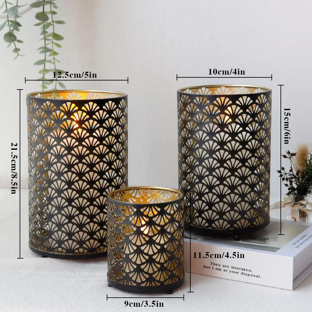 JHY DESIGN Set of 3 Metal Candle Holders Bronze Hurricane Pillar Candlestick Vintage Table Decor - view 4