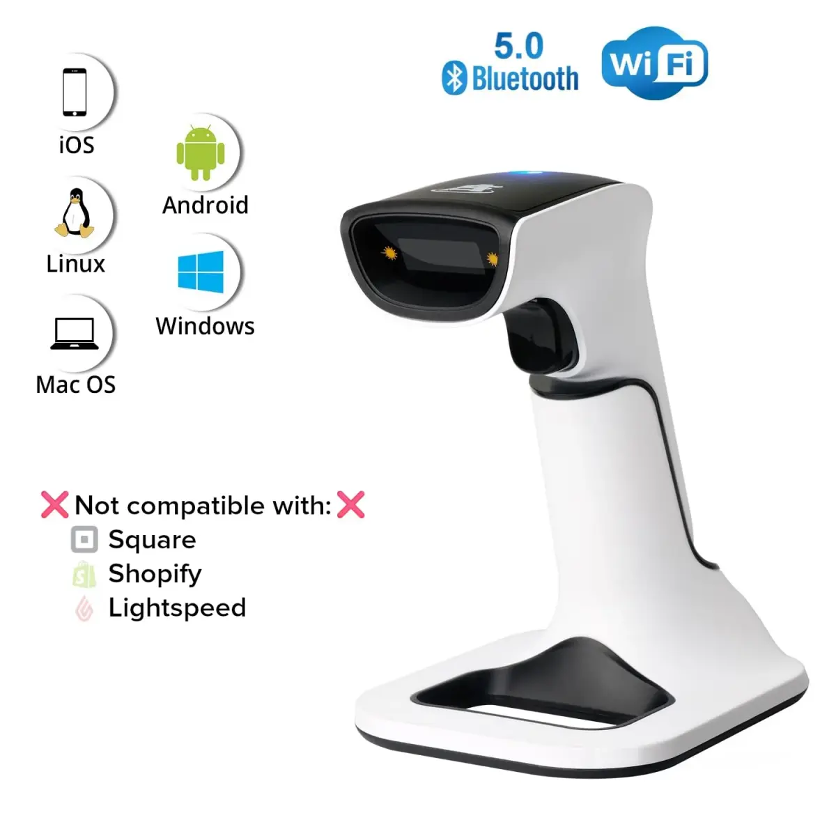 ScanAvenger Wireless Bluetooth USB Barcode Scanner with Stand: 1D & 2D QR Reader, Rechargeable Battery, Vibration Alert | 14.0 cm x 11.0 cm x 16.5 cm - view 2