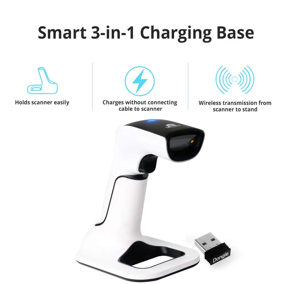 ScanAvenger Wireless Bluetooth USB Barcode Scanner with Stand: 1D & 2D QR Reader, Rechargeable Battery, Vibration Alert | 14.0 cm x 11.0 cm x 16.5 cm - view 3