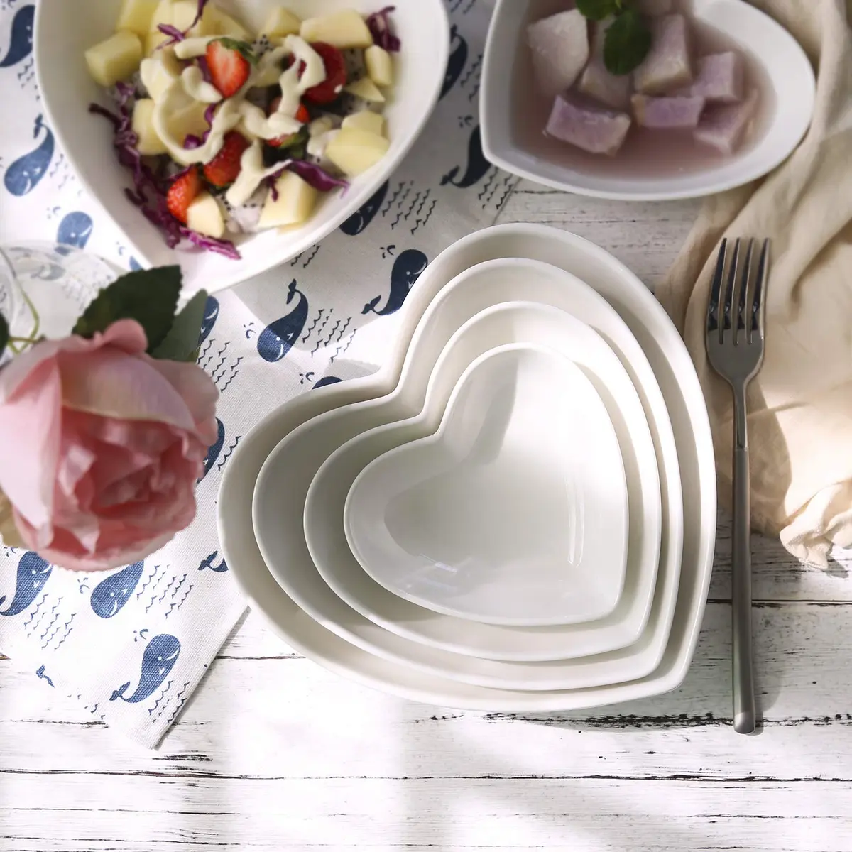 Keponbee 2 pcs Porcelain Big Heart Bowls 1000ml (33 OZ) | Romantic White Ceramic Serving Dishes - view 7