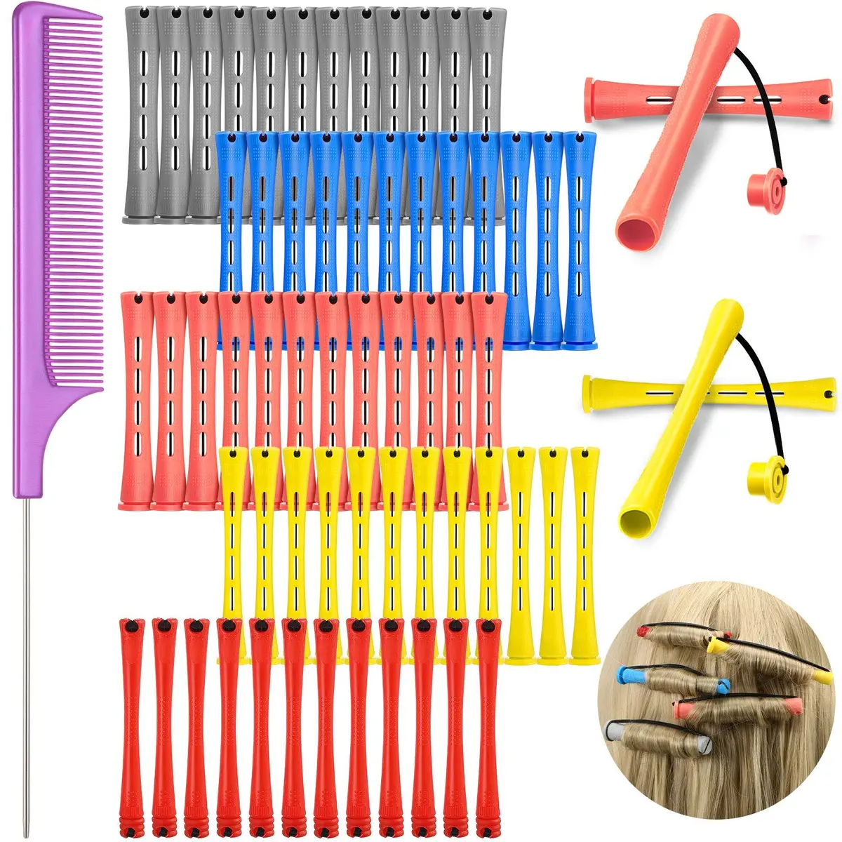 WILLBOND 60 Pcs Hair Perm Rods Set with Rat Tail Comb - Assorted Sizes for Short to Medium Hair - main product image